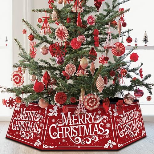 Christmas Tree Collar, Square Christmas Tree Ring, Red Merry Christmas Tree Skirt Foldable Hexagon Xmas Tree Skirt, Snowflake Decorations for Holiday Home Party Indoor, 31 inch by LIOQUN