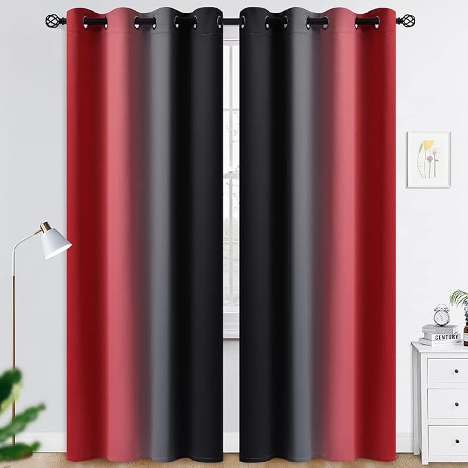 COSVIYA Curtains & Drapes Red and Black Curtains 90 inches Long 2 Panels, Grommet Polyester Light Blocking Ombre Window Curtains for Bedroom/Living Room,52x90 inches