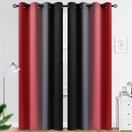 COSVIYA Curtains & Drapes Red and Black Curtains 90 inches Long 2 Panels, Grommet Polyester Light Blocking Ombre Window Curtains for Bedroom/Living Room,52x90 inches