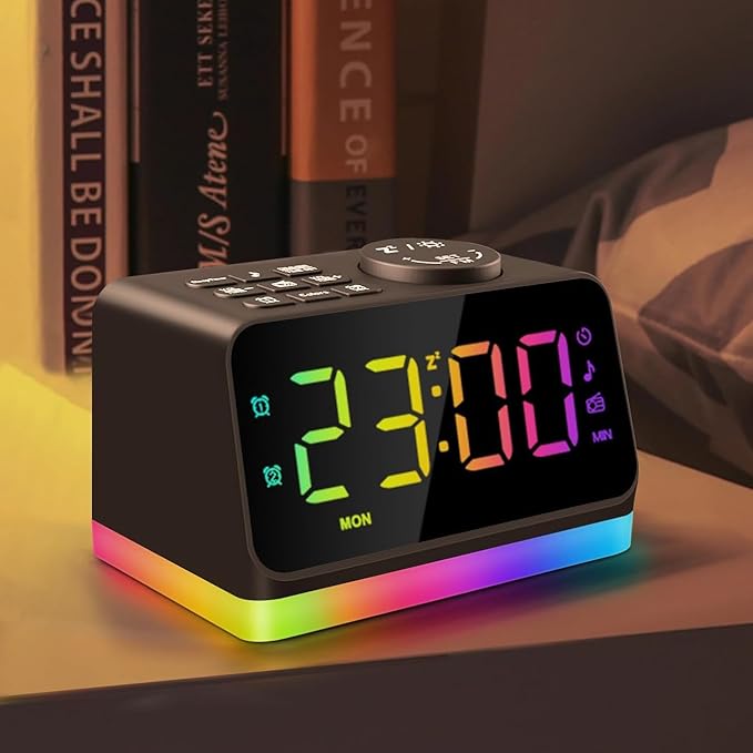 JALL Digital Alarm Clock with FM Radio for Bedroom, 8 Colors Night Light with Charging Port, Sleep Sound Machines with Timer, Dual Alarm (Black with RGB Font) by JALL