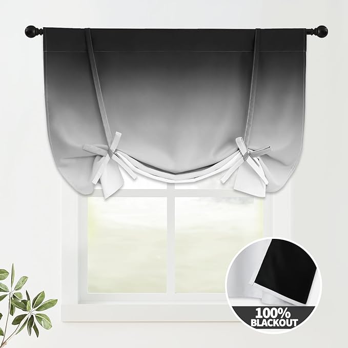 COSVIYA 100% Blackout Ombre Black Adjustable Tie Up Curtains for Kitchen Thermal Insulated Room Darkening Valance Rod Pocket Balloon Roman Shade for Small Window,48" L x 42" W, 1 Panel