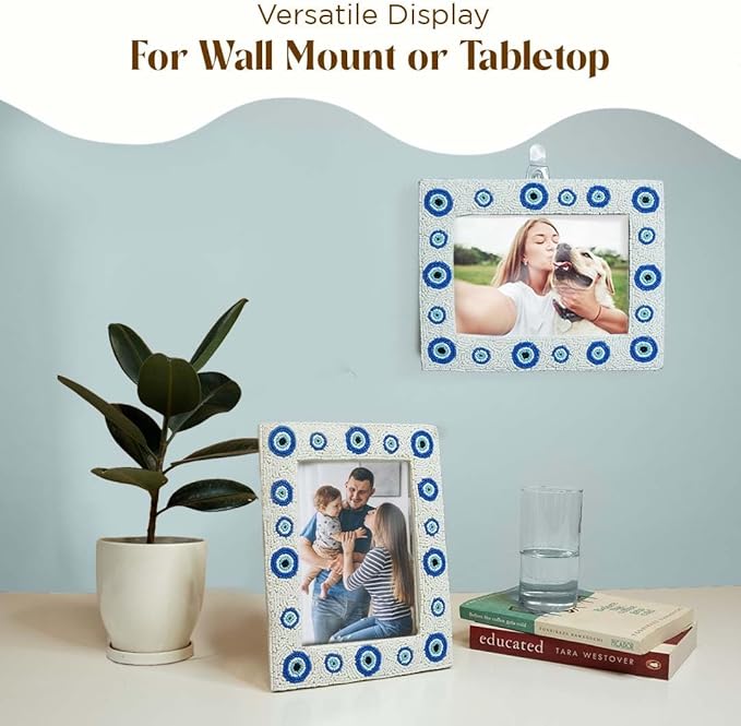 Folkulture Picture Frame for Wall or Tabletop | Evil Eye 4x6 Aesthetic, Cute, Protective Evil Eye Design Photo Frame| Vertical & Horizontal Display | Handmade Housewarming Gifts