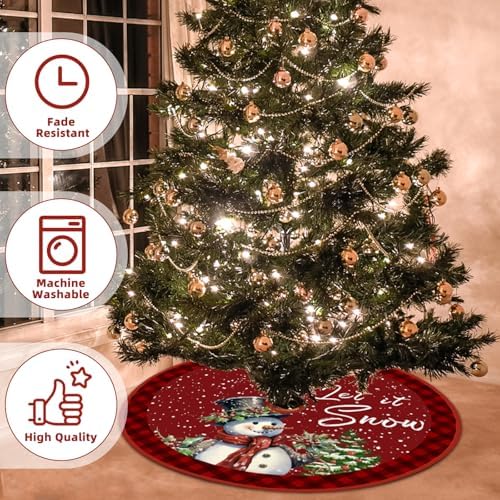 Christmas Tree Skirt 48 Inch Red Rustic Snowman Xmas Tree Skirts Mat with Snowflake Design for Merry Christmas Xmas Holiday Party Decorations Indoor Outdoor Home Decor - Image 5
