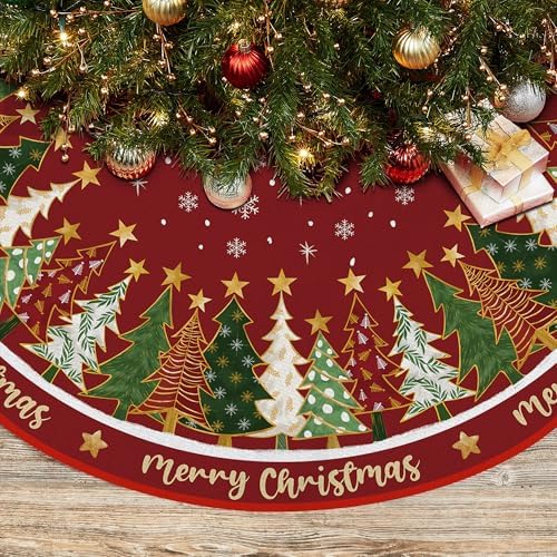 Merry Christmas Pine Stars Red Tree Skirt 36 Inches by EKOREST