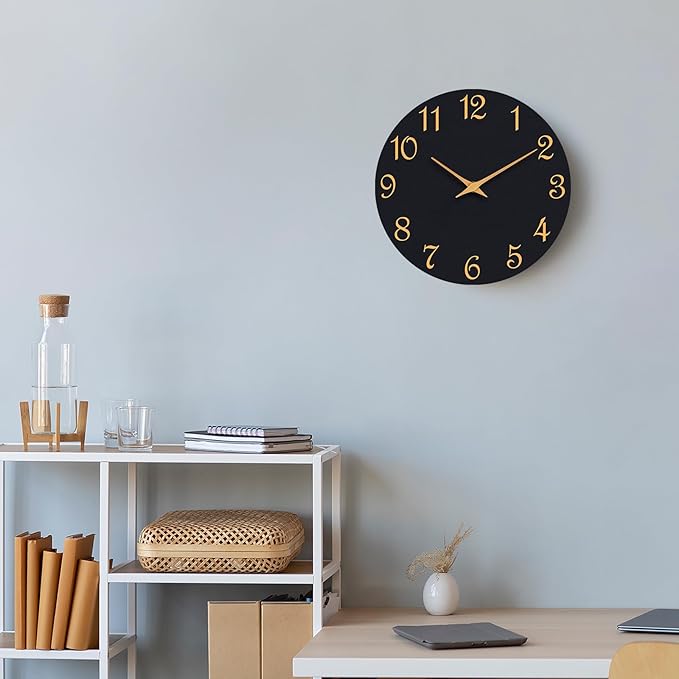 Wall Clock 12 Inch, Modern Wall Clocks Battery Operated, Silent Non Ticking Clock Decorative for Living Room, Office, Bedroom, Home, School (Black Gold)