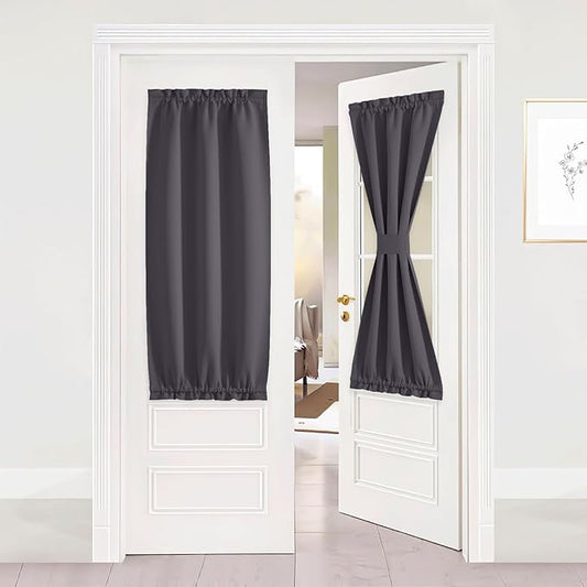 NICETOWN French Door Curtains, Rod Pocket Thermal Blackout Curtain with Glass Window, Kitchen Patio Doors for Privacy, Small Curtains for Kitchen, 25x50 in, Grey, 1 Panel