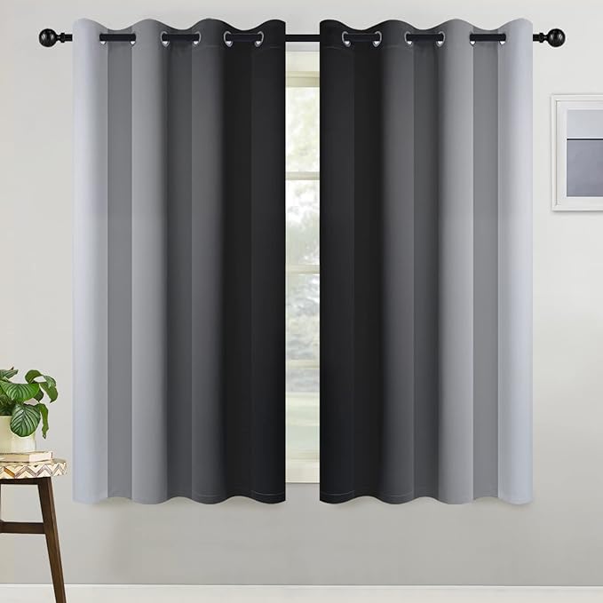 COSVIYA Curtains & Drapes Ombre Room Darkening Curtains, Grommet Black and Greyish White Light Blocking Insulated Thermal Small Window Panels for Bedroom/Living Room,2 Panels,52x54 inches
