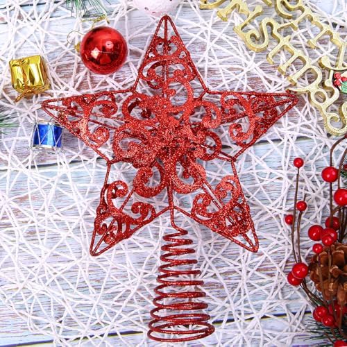 Aneco 10 Inches Metal Glittered Christmas Tree Topper Star Treetop Decoration for Christmas Home Decor, Red - Image 5