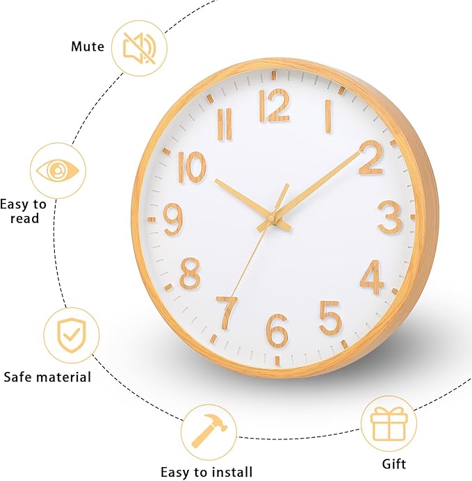 Wall Clocks Battery Operated 8 inch Modern Wall Clock,Silent Non Ticking Wall Clock for Living Room Bedroom Kitchen Office Classroom Decor (Wood Grain Yellow White)
