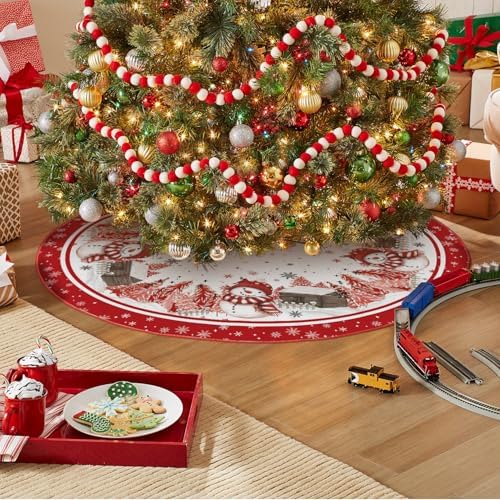 AVOIN colorlife Red Snowflake Snowman Cardinal Christmas Tree Skirt 48 Inch - Image 3