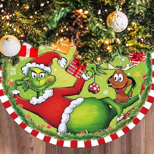 48 Inch Christmas Tree Skirt - Soft and Funny Farmhouse Christmas Tree Collar with Red & Green Trim Decor Xmas Holiday Decoration (Style A) by Bpwasxda