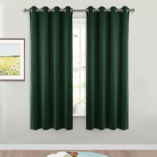 StangH Dark Green Velvet Curtains - Vintage Style Home Decor Blackout Curtain Panels for Farmhouse Living Room/Dorm/Basement/Apartment, W52 x L63, 2 Panels