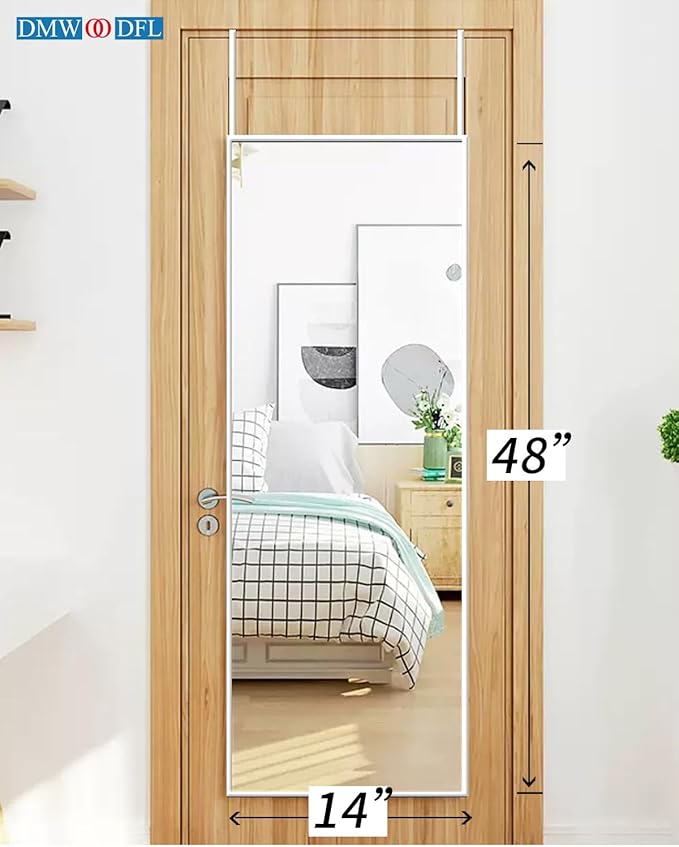 DMWOODFL 48"x14" Over-The-Door Full Length Mirror - No Drill Hanging with Metal Hooks, Shatterproof Glass & Aluminum Frame for Bathroom, Bedroom, Entryway Decor（Silver White）