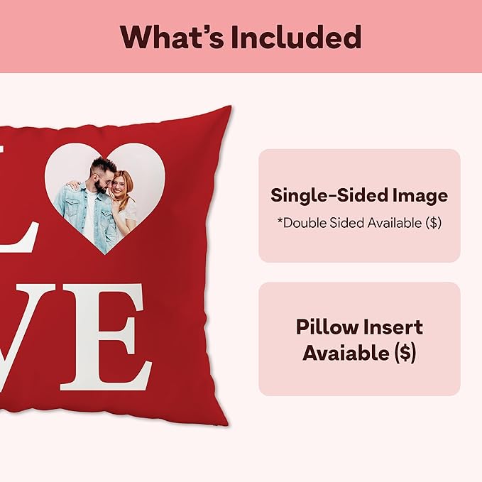 Fabric Textile Products Ships Next Day - Valentines Day Heart Decor - Custom Pillow - USA Made - Pillow with Pictures or Text - Valentines Gifts for Him or Her - Fluffy Soft Pillows - 16x16