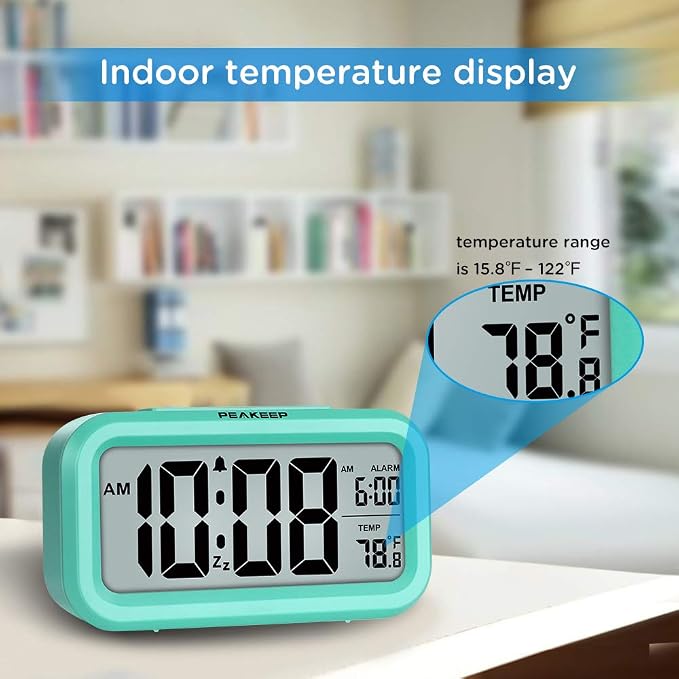 Peakeep Night Light Digital Alarm Clock Battery Operated Indoor Temperature | Small Cordless Cute Clock for Bedroom Desk Travel, Simple to Use for Teens Kids (Mint) - Image 4