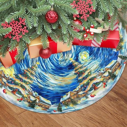 48 Inch Van Gogh Starry Night Christmas Tree Skirt Winter Blue Sky Moon Art Xmas Trees Skirts Mat for New Year Festive Farmhouse Holiday Party Decoration - Image 2