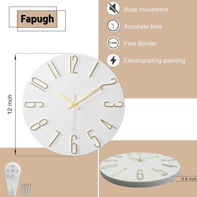 Wall Clock, Silent Clock, Wall Clocks Battery Operated， 12 inch Modern Wall Clock, Suitable for Offices, Living Rooms, Kitchens, Homes, Schools (White)