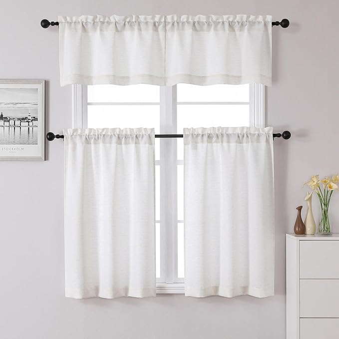 Chyhomenyc Bennet 24 Inch Short Curtains Half Window Curtains for Bedroom, Faux Linen Textured Small Cafe Curtains, Light Filtering Camper Curtains for RV Window, 30x24 Inch, 2PCS, Natural