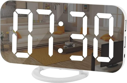 SZELAM Digital Clock Large Display, LED Electric Alarm Clocks Mirror Surface for Makeup with Diming Mode, 3 Levels Brightness, Dual USB Ports Modern Decoration for Home Bedroom Decor-White (001) by SZELAM