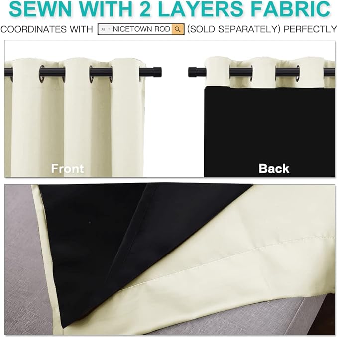 NICETOWN Cold Blocking Curtains, Bedroom Full Blackout Panels, Super Thick Insulated Window Covers, Complete Blackout Draperies with Black Liner for Short Window (Beige, Set of 2, 52 by 63-inch)