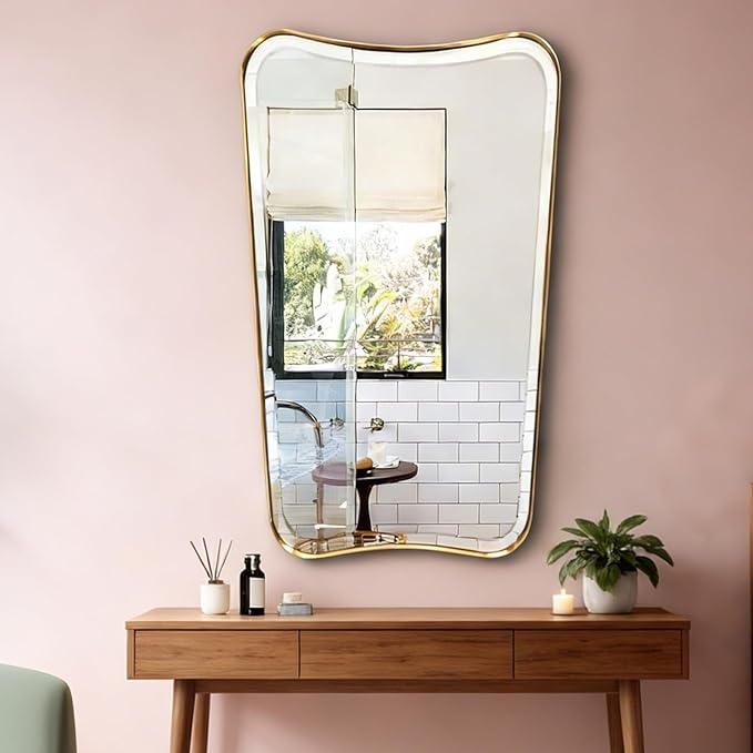 POZINO Brushed Gold Beveled Mirrors, 24"x40" Bathroom Vanity Mirror for Over Sink, Butterfly Shaped Mirrors Decorative, Modern Rectangle Aesthetic Wall Mirror for Living Room Bedroom Hallway Entryway