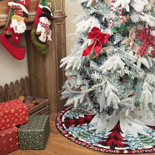 CROWNED BEAUTY Christmas Tree Skirt Collar 48 Inch Pine Trees Red Plaid Soft Farmhouse Holiday Decoration (Red Plaid) TS41 - Image 2
