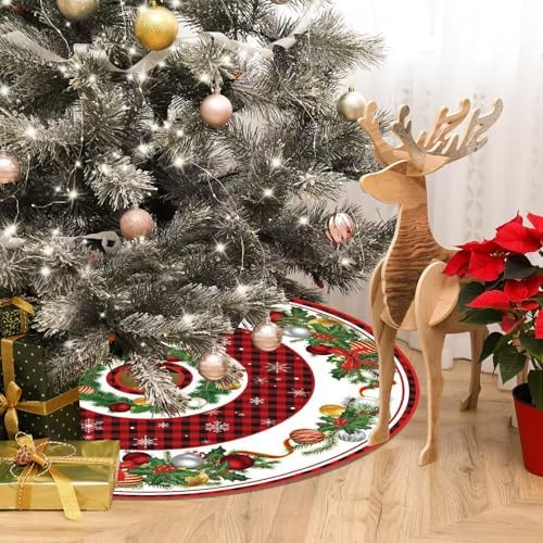 Blosssound Christmas Tree Skirt Buffalo Plaid,48 Inch,Bell,Red, Black - Image 4