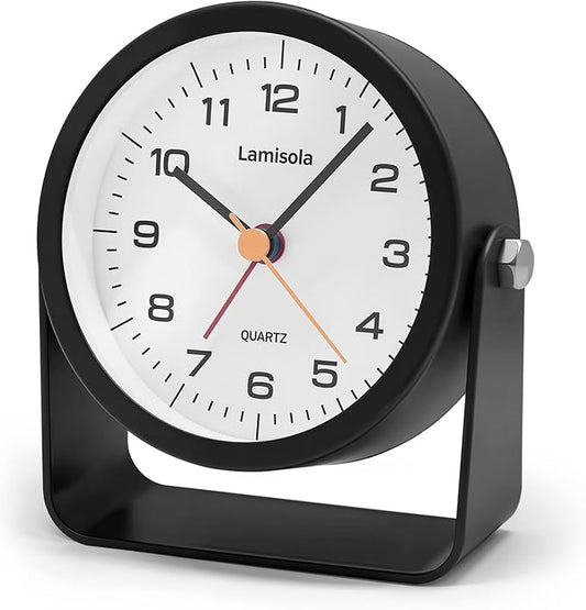 3.5 Inch Small Desk Alarm Clock, Battery Operated Analog Silent Clock with Night Light, Retro Vintage Metal Bedside Clock for Bedroom, Office, Bathroom, Dorm, Shelf, Table - Black