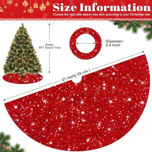 FOTSHARER Red Christmas Tree Skirt 21 Inches Shiny Tabletop Tree Skirt Sequin Tree Skirt Velvet Christmas Tree Skirt Mini for Holiday Decorations Glitter Sequins Tree Skirts New Year Decoration - Image 6