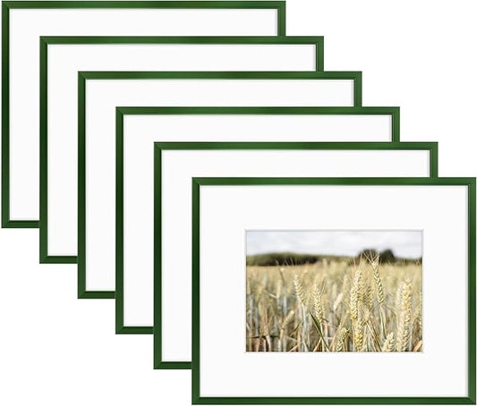 Golden State Art 8x10 Picture Frame 6 Pack - Dark Green Aluminum Photo Frames With 5x7 Mats and Real Glass Cover - Elegant Minimalist Wall Gallery Frames for Home or Office Decor