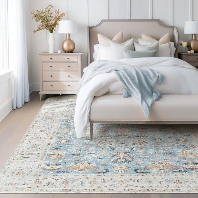 jinchan Area Rug 8x10 Living Room Rug - Washable Vintage Large Boho Floral Floor Cover Lightweight Low Pile Thin Non-Slip Retro Distressed Carpet for Bedroom Dining Room Kitchen Office Light Blue