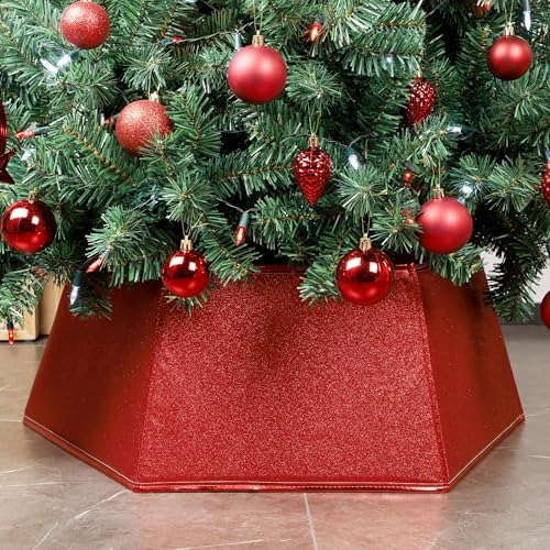 Blissun Fabric Christmas Tree Collar - Hexagonal Ring, Glittering Willow Skirt for Tree Decorations (Glitter Red) by Blissun