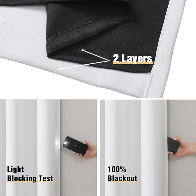 ChrisDowa White 100% Blackout Curtains for Bedroom with Black Liner, 2 Thick Layers Total Blackout Thermal Insulated Grommet Small Window Curtains 2 Panels Set (Pure White, 42 x 54 Inch)