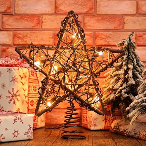 ODEETRONIC 10" Rustic Christmas Star Tree Topper, Rattan Natural Hollow - Image 4