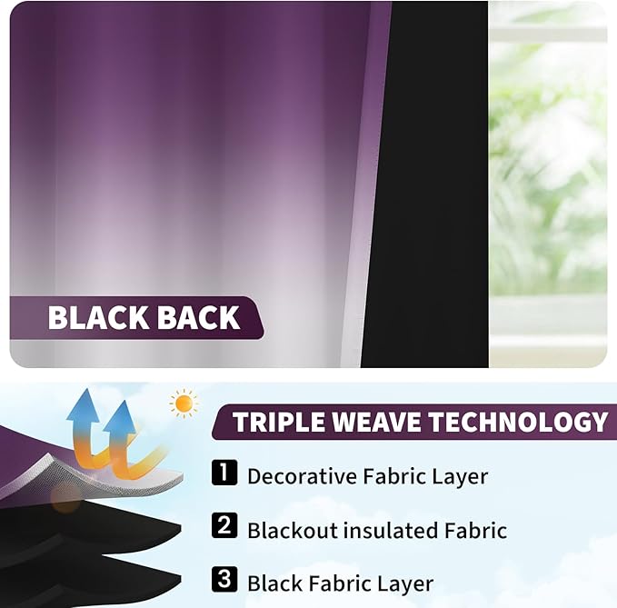 COSVIYA 100% Blackout Ombre Purple Adjustable Tie Up Curtains for Kitchen Thermal Insulated Room Darkening Valance Rod Pocket Balloon Roman Shade for Small Window,48" L x 42" W, 1 Panel