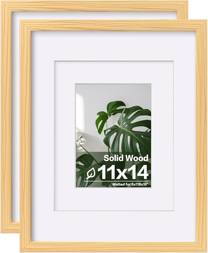 Egofine 11x14 Picture Frames Natural Wood 2 PCS Made of Solid Wood Covered by Plexiglass - for Table Top and Wall Mounting for Pictures 8x10 or 5x7 with Mat Horizontally or Vertically Display Photo