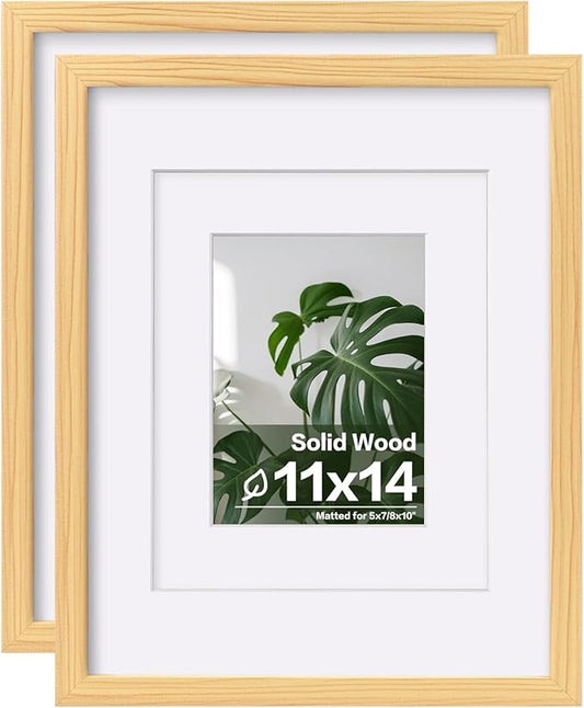 Egofine 11x14 Picture Frames Natural Wood 2 PCS Made of Solid Wood Covered by Plexiglass - for Table Top and Wall Mounting for Pictures 8x10 or 5x7 with Mat Horizontally or Vertically Display Photo