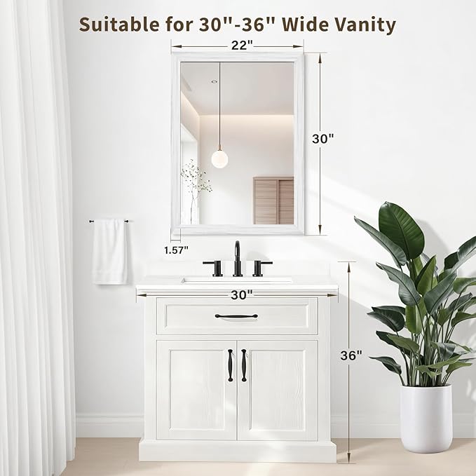 White Wood Effect Framed Wall Mirror, 22x30 Rectangle Mirror, Anti-desilvering Tempered Glass, Sustainable& Sturdy Frame, Farmhouse Mirror, Anti-Rust, 3min Fast Setup for Bathroom Living Room