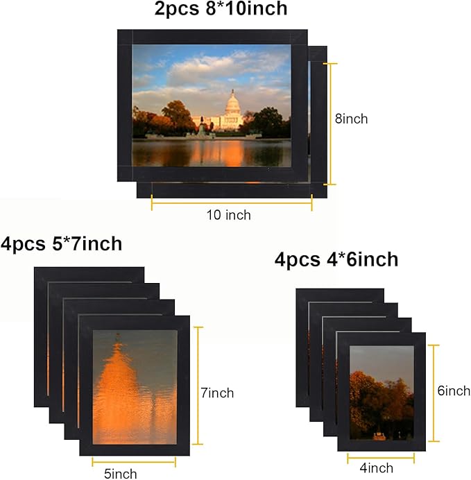 Picture Frame Set 10 pack, Farmhouse Photo Frames, Gallery Wall Frame Collage, 8x10 5x7 4x6 Frames in 3 Different Finishes Picture Frames For Wall or Desk,Rustic Black
