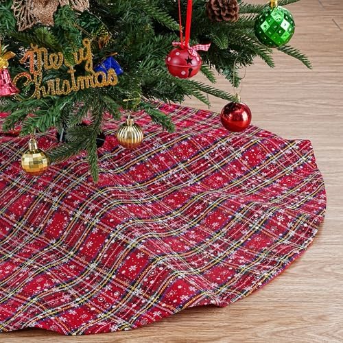 36 Inch Buffalo Plaid Tree Skirt Fabric Christmas Snowflake Tree Skirt by B-COOL