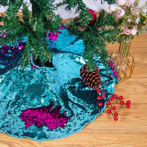 Sequin Tree Skirt 48 Inches Turquoise to Hot Pink Christmas Tree Skirt 48 Inches Large Tree Skirt for 6ft Xmas Tree Decorations Glitter Tree Cover Indoor or Outdoor - Image 3