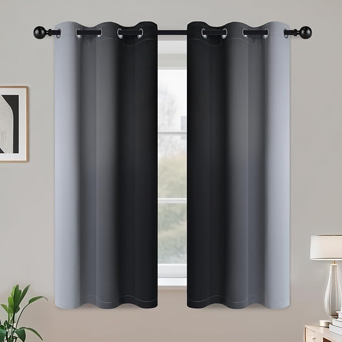 COSVIYA Grommet Ombre Room Darkening Curtains 54 inch Length, Black and Greyish White Gradient Drapes Light Blocking Insulated Thermal Window Curtains for Bedroom/Living Room,2 Panels,42x54 inches