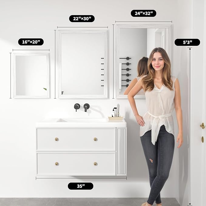 White Wood Effect Framed Wall Mirror, 22x30 Rectangle Mirror, Anti-desilvering Tempered Glass, Sustainable& Sturdy Frame, Farmhouse Mirror, Anti-Rust, 3min Fast Setup for Bathroom Living Room