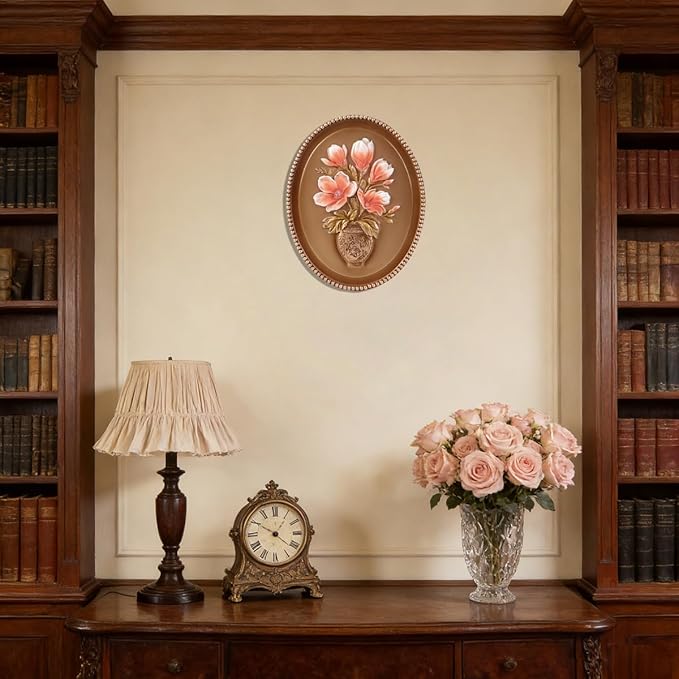 SIKOO Vintage Wall Sculptures Bronze Gold Magnolia Flower Wall Art Hand Painted Ornate Wall Hanging Decoration Antique Pediment Wall Statue Ornament Decor Gallery for Kitchen Bedroom Living Room
