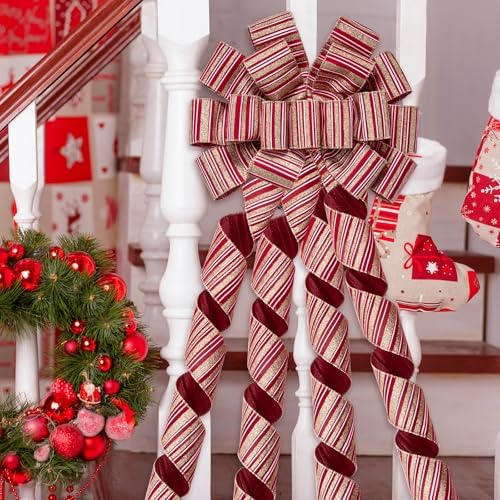 WRAPAHOLIC Large Christmas Tree Topper Bow - 13 x 52 Inch Burlap Striped Christmas Tree Topper Ribbon Bow Wreath Bows with Wired Edge for Xmas Ornament Indoor Outdoor Decoration - Image 6