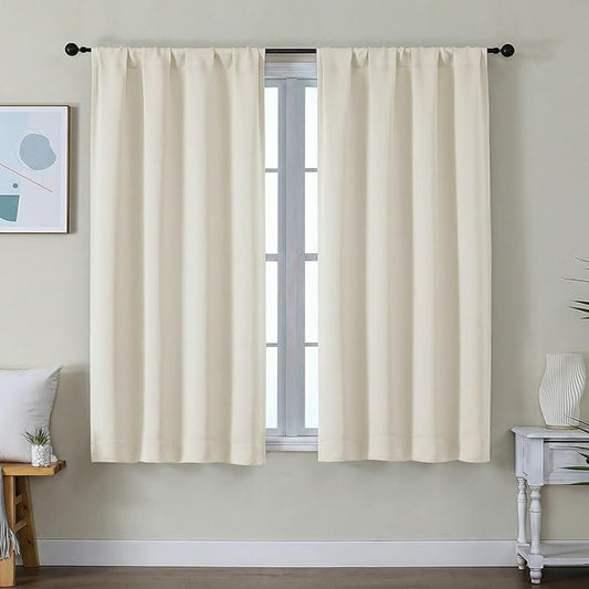 Simplebrand Ava Light Beige Short Light Filtering Curtains for Bedroom 54 Inches Long 2 Panels Set, Solid Thermal Insulated, Energy Saving Window Treatment Curtains Light Filtering, W40 x L54 Inch