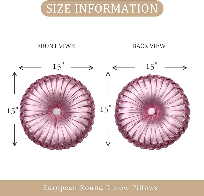 EUCIOR Round Throw Pillows,Blush Pink Throw Pillow,Soft Spandex Fabric,Pumpkin Pleated Handmade Pink Metallic Round Decorative Pillow for Sofa Bedroom Livingroom