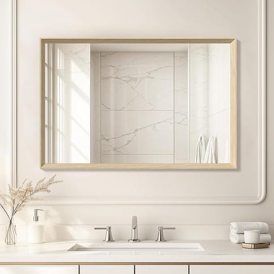Oak Wood Effect Framed Wall Mirror, 24x36 Rectangle Mirror, Anti-desilvering Tempered Glass, Sustainable& Sturdy Frame, Farmhouse Mirror, Anti-Rust, 3min Fast Setup for Bathroom Living Room