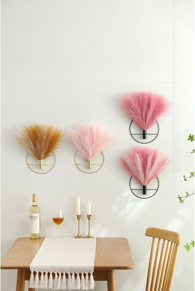 Pretty Jolly Boho Wall Decor - Hanging Artificial Pampas Display for Living Room, Bedroom, Bathroom, Dining Room - Wall-Mounted Metal Art, Plant Decor 2 Pack, Black