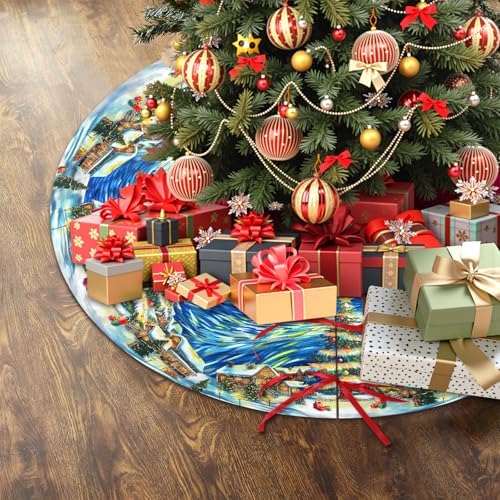 30 Inch Van Gogh Starry Night Christmas Tree Skirt Winter Blue Sky Moon Art Xmas Trees Skirts Mat for New Year Festive Farmhouse Holiday Party Decoration - Image 4